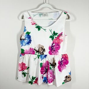 Kate Spade‎ Blooms Floral Peplum Blouse Size 8 Pink White Poplin Sleeveless